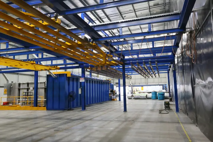 Industrial powder coating facility interior view