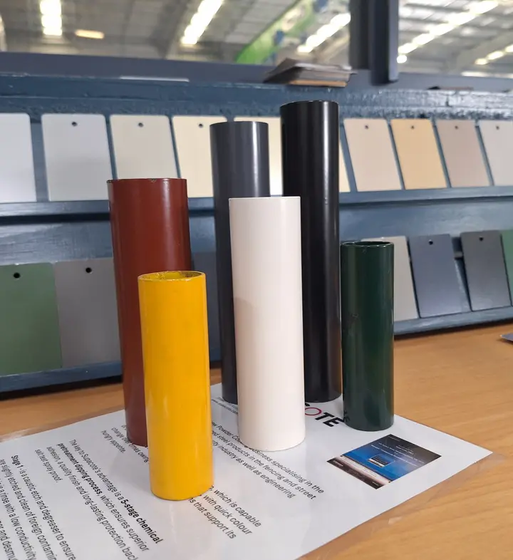 Powder-coated metal samples on display